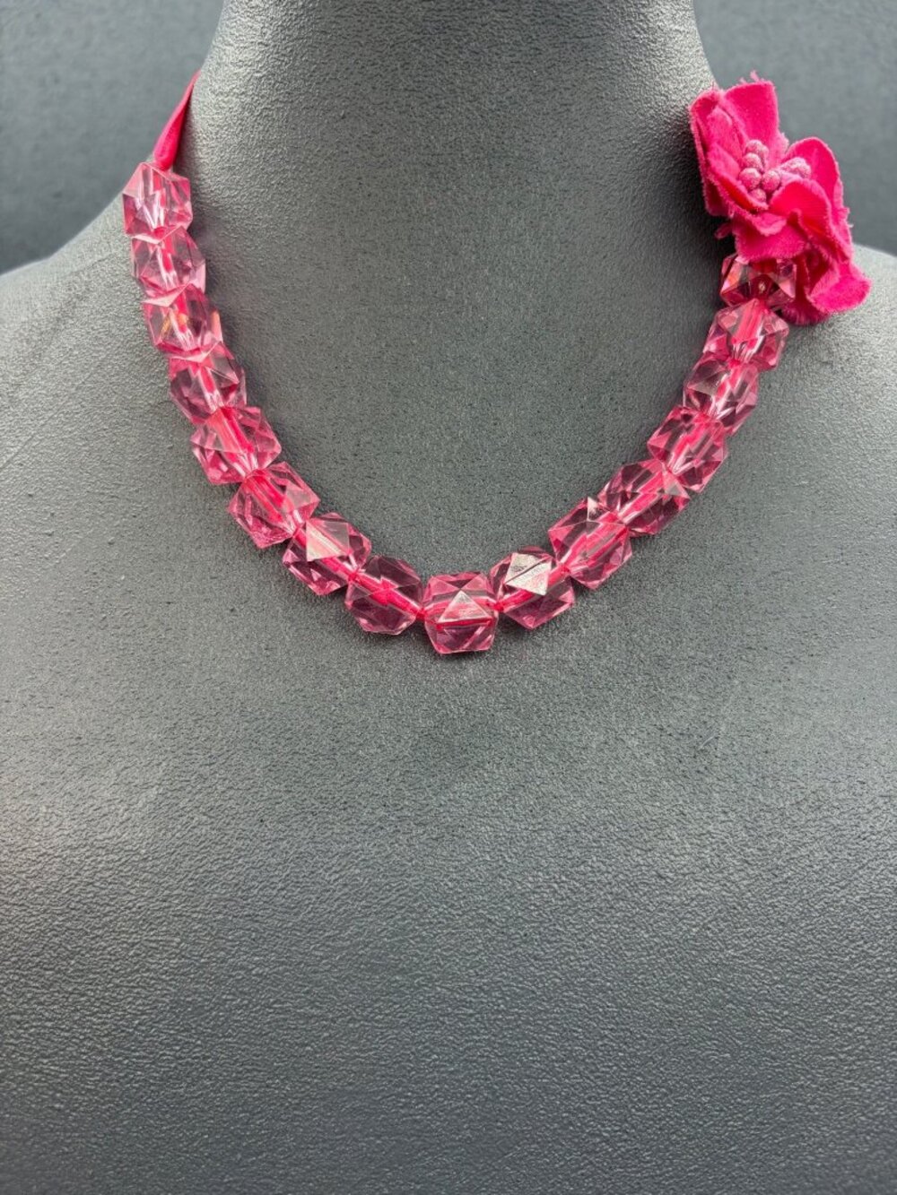 Beaded Fabric Flower Necklace 18 In Pink Ribbon Snap Closure Fun Chic Summer